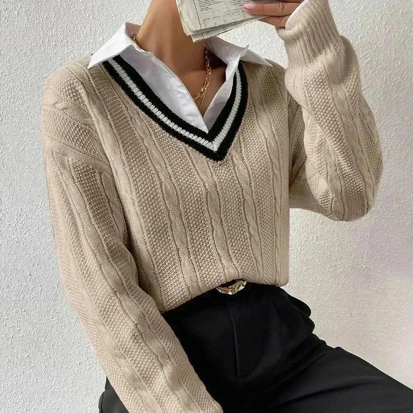 Khaki Casual Women's Striped Trim Drop Shoulder Cable Knit Sweater - Picture 5 of 5